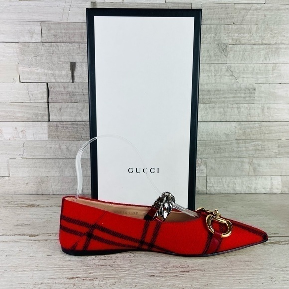 NWT GUCCI Archive Wool Check Pointed Toe Ballet Flats Shoes Red/Black SZ 35 - Picture 9 of 16